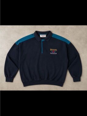 Vintage Brooks Tradition Rugby Collar Sweatshirt Navy Teal Embroidered Logo Med